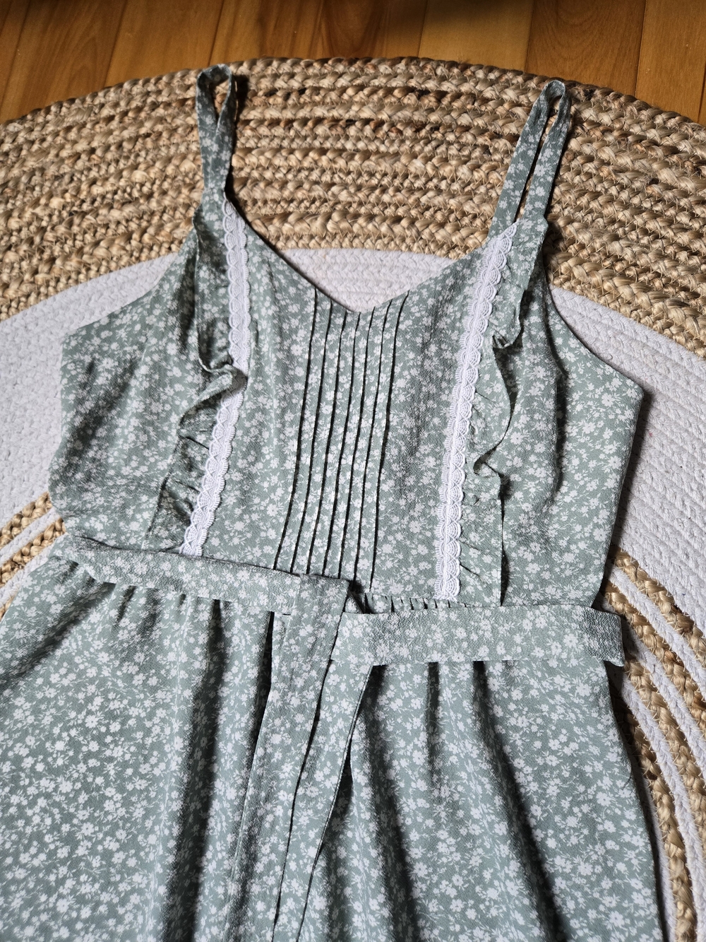 Monteau Sage Green Ditsy Floral Maxi Dress Tie Waist Cottagecore Coquette M - Picture 3 of 13